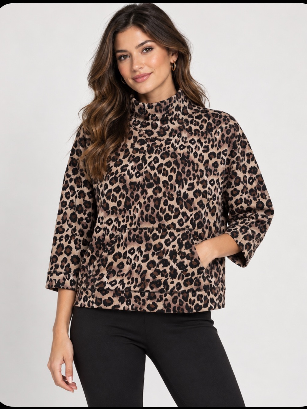 Westbound Leopard Print Mock Neck Pullover Top - Brown